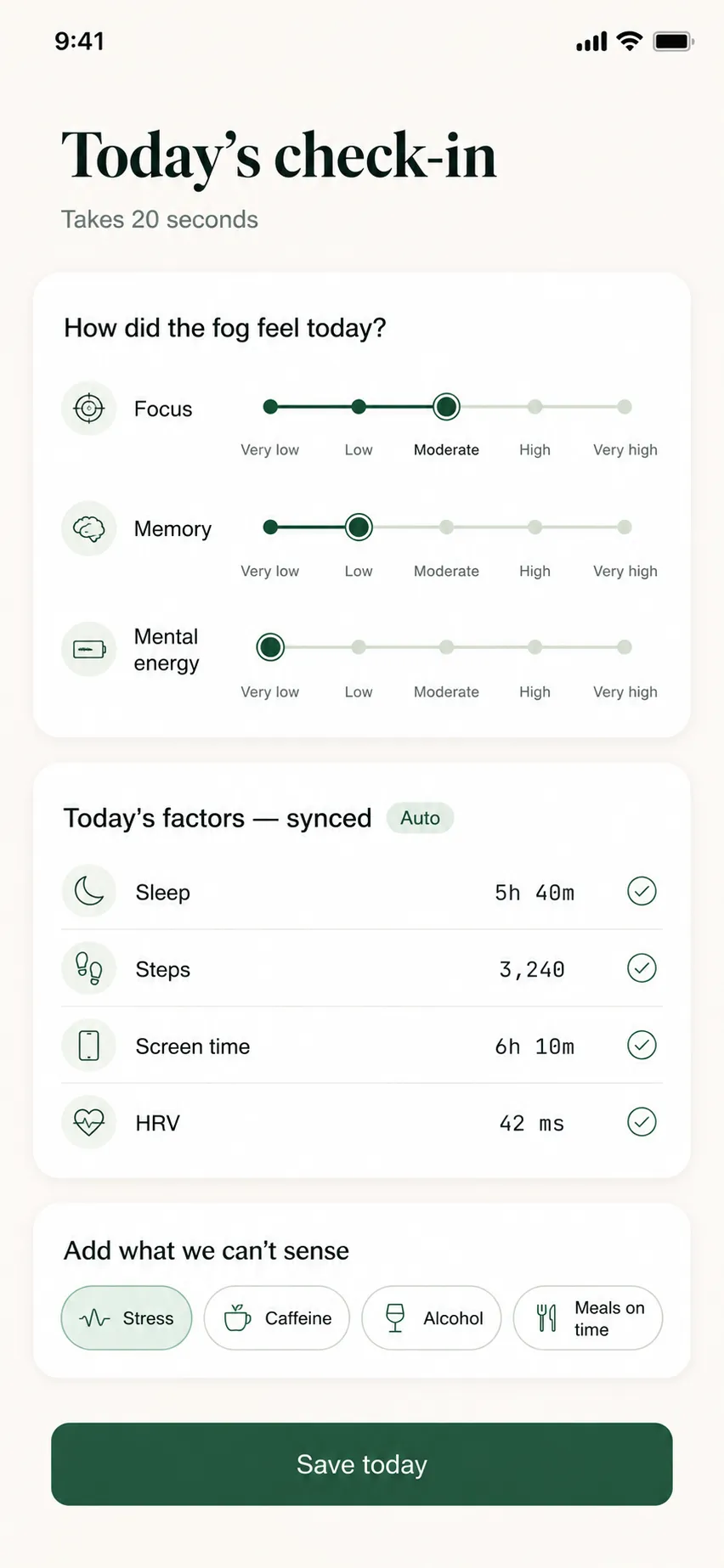 Demist daily check-in screen with sliders for focus, memory and mental energy